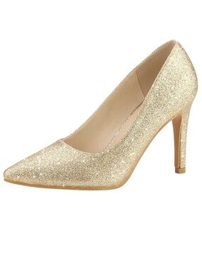 NWOT Charlotte Russe Sparkly Gold Closed Toe Pointed Classic Heeled Pumps Shoes